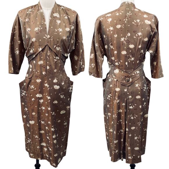 Vintage 40s 50s Floral Satin Sheath Dress V Neck Pockets Cinched Waist Brown 10 - Picture 1 of 12